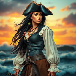 A fierce pirate woman portrayed from the left side, gazing towards the top left side with a confident expression