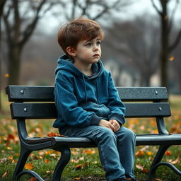 A scene depicting a young boy sitting alone on a park bench, looking out into the distance with a melancholic expression
