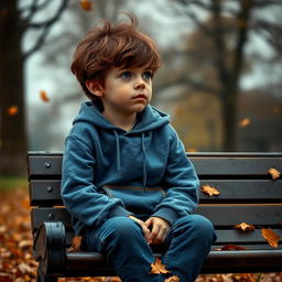 A scene depicting a young boy sitting alone on a park bench, looking out into the distance with a melancholic expression