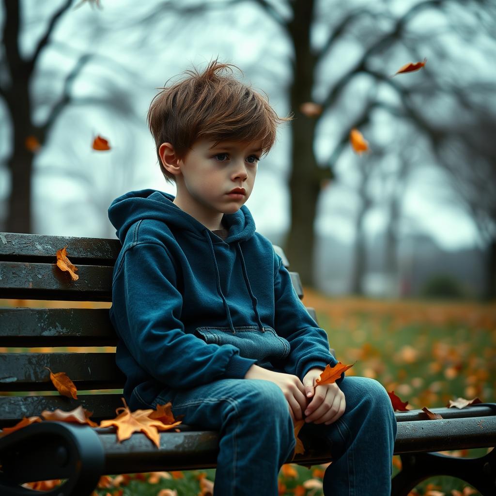 A scene depicting a young boy sitting alone on a park bench, looking out into the distance with a melancholic expression