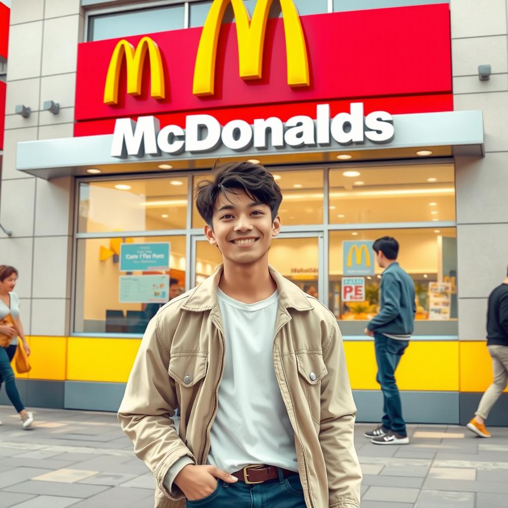 A casual scene depicting a young man named Caseho, wearing a stylish outfit with a light jacket, walking towards a bright and inviting McDonald's restaurant