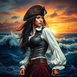 A striking pirate woman depicted from the left side, looking to the top left side with a fierce expression