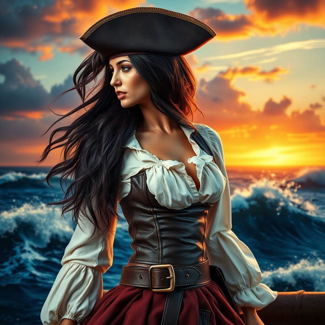 A striking pirate woman depicted from the left side, looking to the top left side with a fierce expression