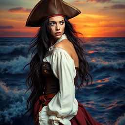 A striking pirate woman depicted from the left side, looking to the top left side with a fierce expression