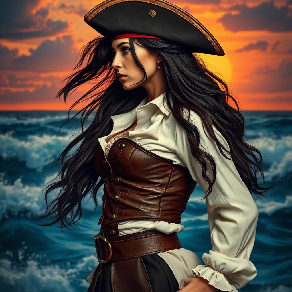 A striking pirate woman depicted from the left side, looking to the top left side with a fierce expression