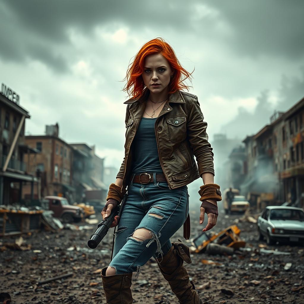A striking depiction of Emma Stone in a zombie apocalypse setting