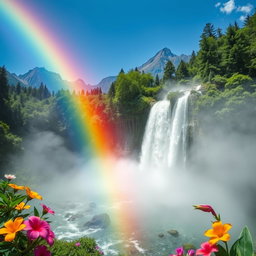 A mystical and enchanting landscape featuring a vibrant rainbow cascading over a serene waterfall nestled within a lush forest