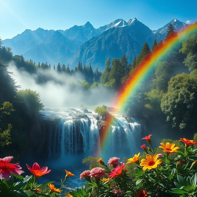 A mystical and enchanting landscape featuring a vibrant rainbow cascading over a serene waterfall nestled within a lush forest