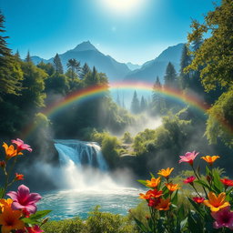 A mystical and enchanting landscape featuring a vibrant rainbow cascading over a serene waterfall nestled within a lush forest