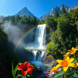 A mystical and enchanting landscape featuring a vibrant rainbow cascading over a serene waterfall nestled within a lush forest