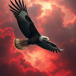 An eagle soaring majestically in the sky, showcasing striking red and blood-colored eyes
