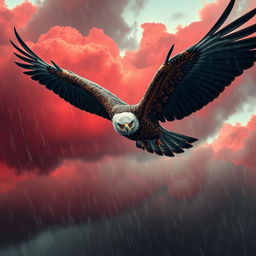An eagle soaring majestically in the sky, showcasing striking red and blood-colored eyes