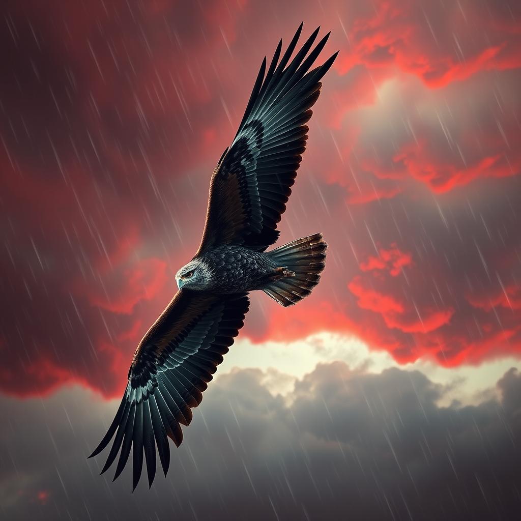 An eagle soaring majestically in the sky, showcasing striking red and blood-colored eyes