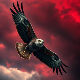 An eagle soaring majestically in the sky, showcasing striking red and blood-colored eyes