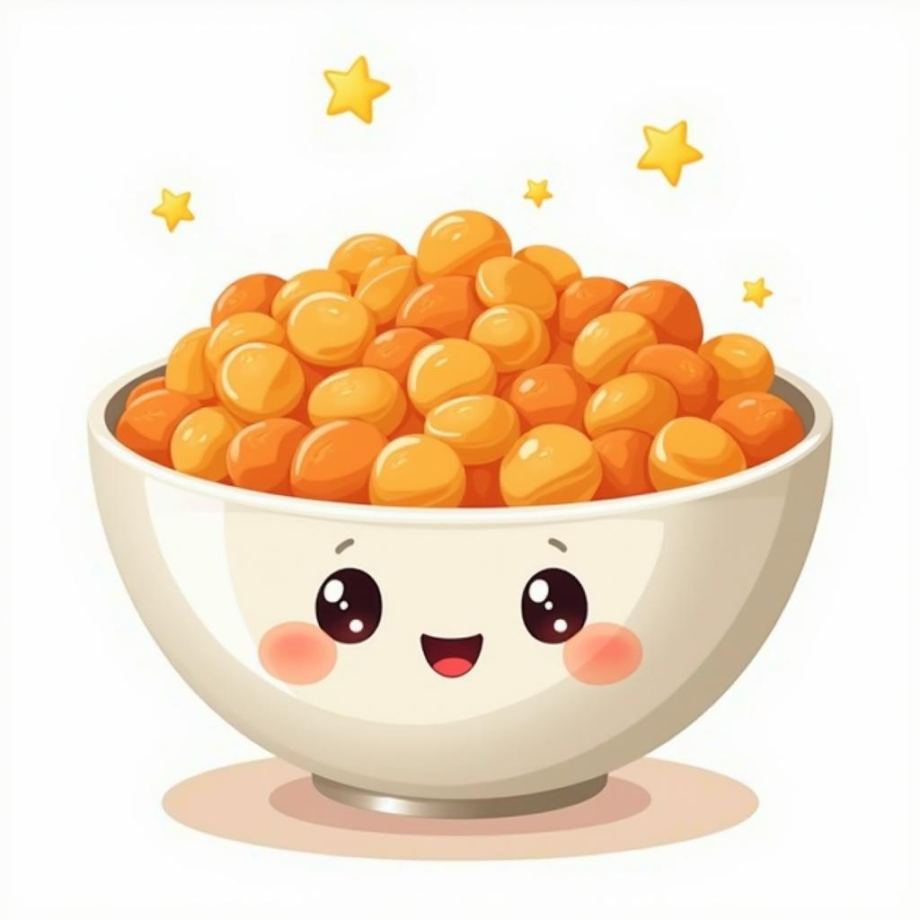 A charming illustration of a cute breakfast bowl filled with vibrant orange cereals, featuring a friendly smiling face and dreamy, sparkling eyes
