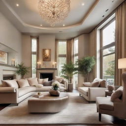 A luxurious and inviting living room filled with high-end furniture, elegantly designed with a glowing fireplace and sunlit large windows.