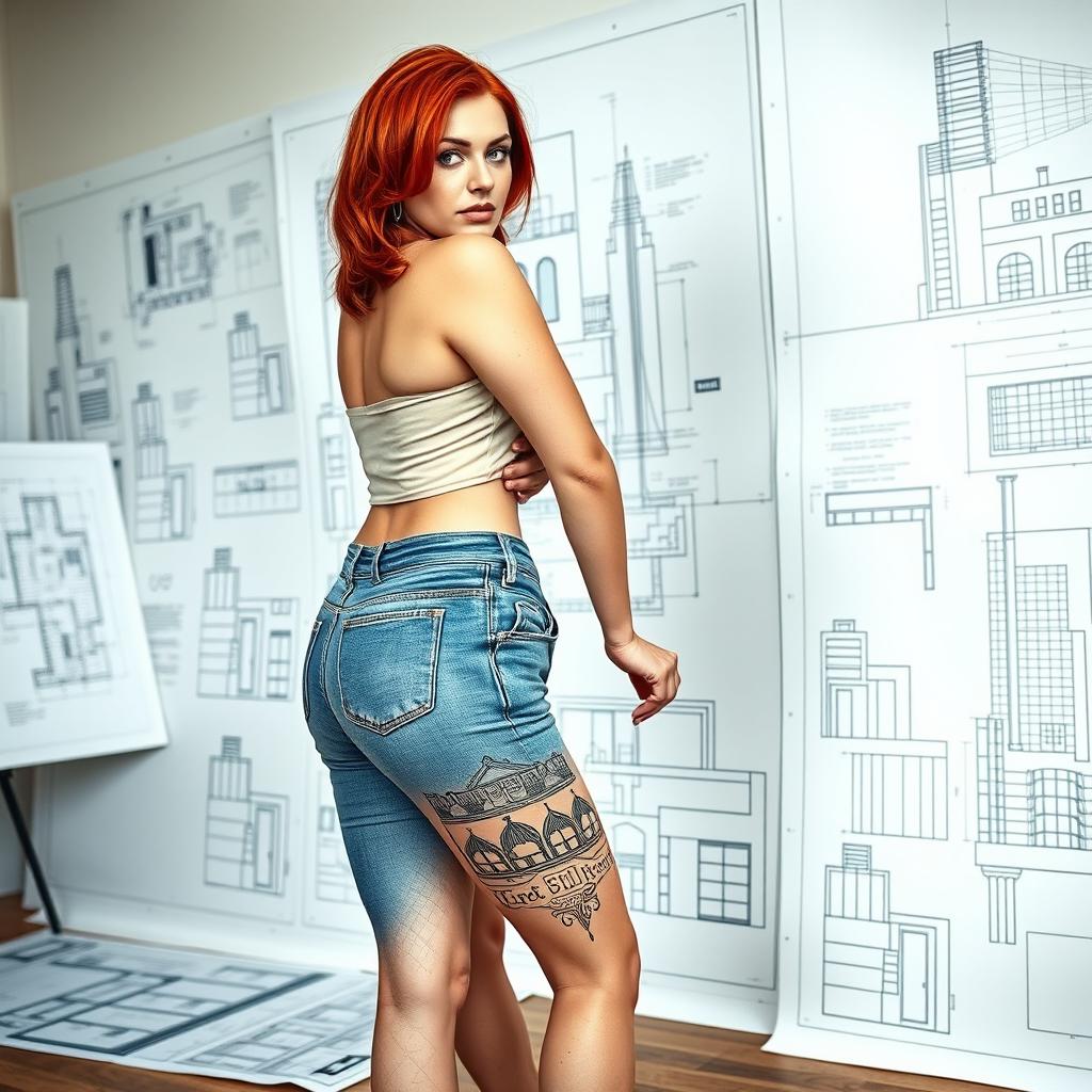 A sexy female architect with striking red hair and voluptuous curves stands confidently in a drawing room