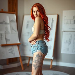 A sexy female architect with striking red hair and voluptuous curves stands confidently in a drawing room
