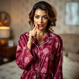 A stunning 45-year-old woman dressed in a beautiful pajama set, standing in a front-facing position while looking directly at the camera