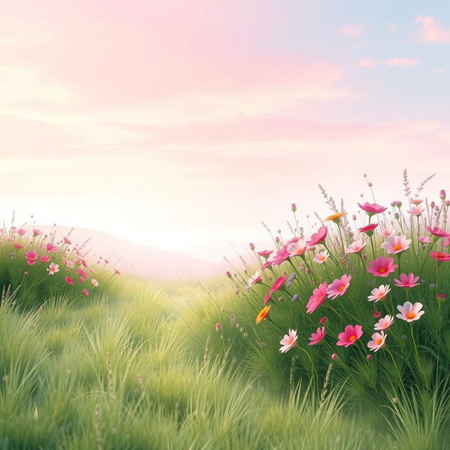 A dreamy landscape featuring a seamless line that curves gently across the scene, creating a sense of flow