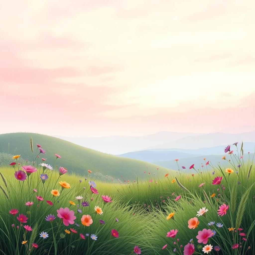 A dreamy landscape featuring a seamless line that curves gently across the scene, creating a sense of flow