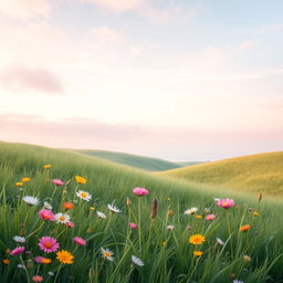 A dreamy landscape featuring a seamless line that curves gently across the scene, creating a sense of flow