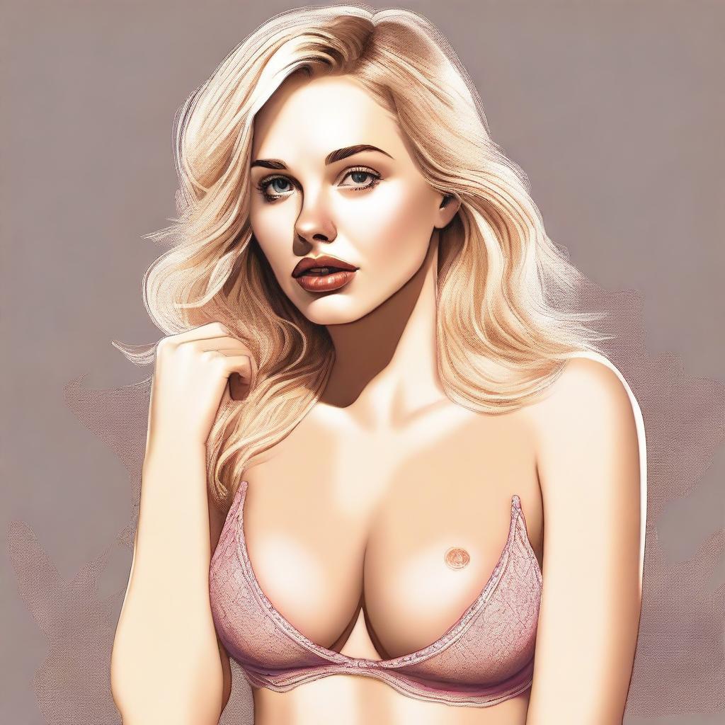 A high-quality digital art image of an embarrassed blonde woman in her underwear, rendered in a realistic style