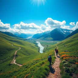 A breathtaking adventure scene depicting a journey through a vibrant landscape