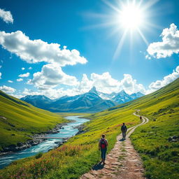 A breathtaking adventure scene depicting a journey through a vibrant landscape