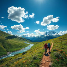 A breathtaking adventure scene depicting a journey through a vibrant landscape