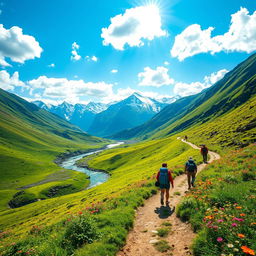 A breathtaking adventure scene depicting a journey through a vibrant landscape