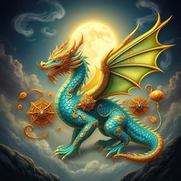 A majestic fusion of a dragon and intricate ornamental designs, showcasing a powerful dragon with iridescent scales that shimmer in vibrant hues of blue, green, and gold