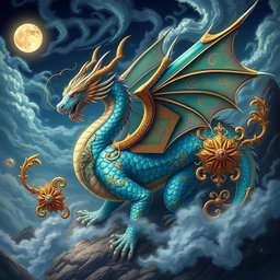 A majestic fusion of a dragon and intricate ornamental designs, showcasing a powerful dragon with iridescent scales that shimmer in vibrant hues of blue, green, and gold