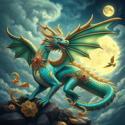A majestic fusion of a dragon and intricate ornamental designs, showcasing a powerful dragon with iridescent scales that shimmer in vibrant hues of blue, green, and gold