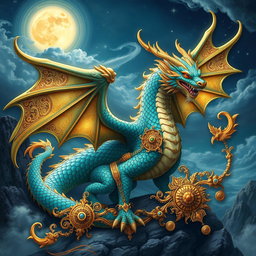 A majestic fusion of a dragon and intricate ornamental designs, showcasing a powerful dragon with iridescent scales that shimmer in vibrant hues of blue, green, and gold
