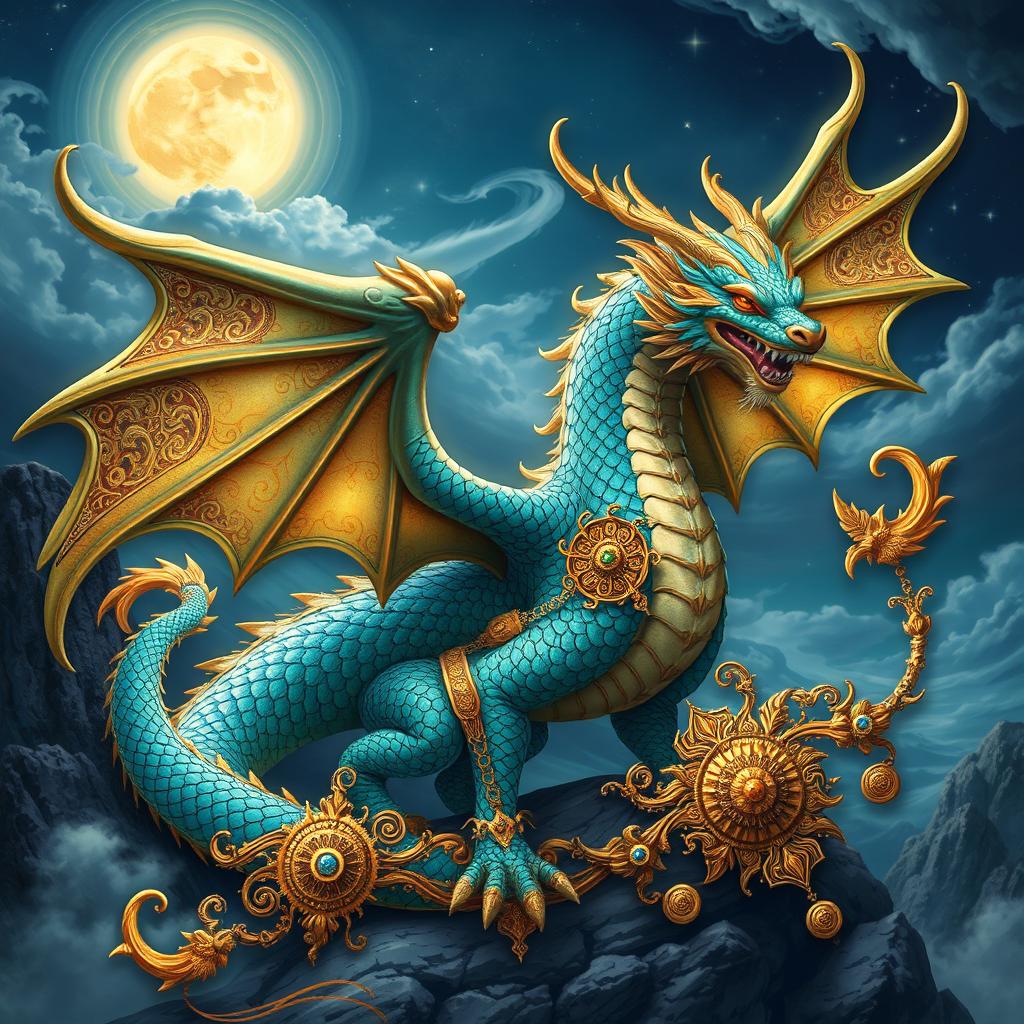 A majestic fusion of a dragon and intricate ornamental designs, showcasing a powerful dragon with iridescent scales that shimmer in vibrant hues of blue, green, and gold