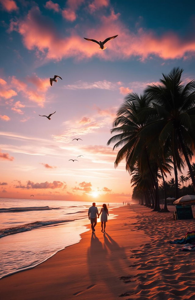 A serene beach scene at sunset with golden sands and gentle waves lapping against the shore