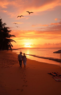 A serene beach scene at sunset with golden sands and gentle waves lapping against the shore