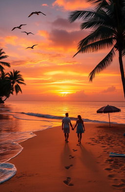 A serene beach scene at sunset with golden sands and gentle waves lapping against the shore
