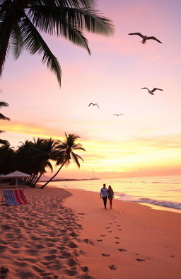 A serene beach scene at sunset with golden sands and gentle waves lapping against the shore