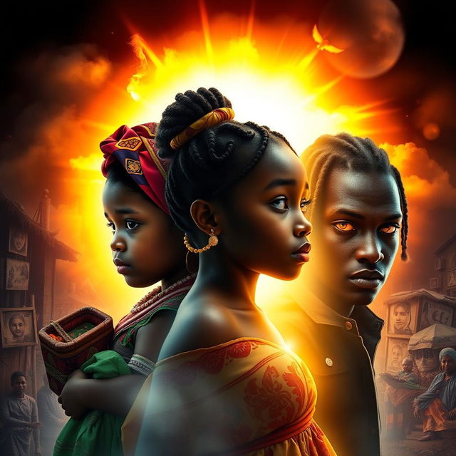 A book cover showcasing a powerful visual narrative: starting with a mixed-race baby dressed in vibrant traditional attire, transitioning seamlessly to a pregnant adolescent with a stylish 90s hairstyle and door-knocker earrings