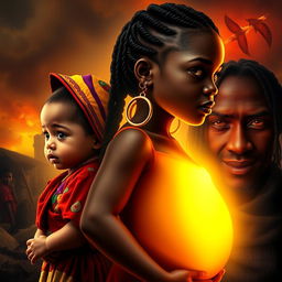 A book cover showcasing a powerful visual narrative: starting with a mixed-race baby dressed in vibrant traditional attire, transitioning seamlessly to a pregnant adolescent with a stylish 90s hairstyle and door-knocker earrings
