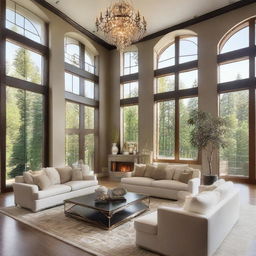 A luxurious and inviting living room filled with high-end furniture, elegantly designed with a glowing fireplace and sunlit large windows.