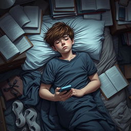A scene depicting a sad boy lying on his unmade bed, surrounded by a cluttered room