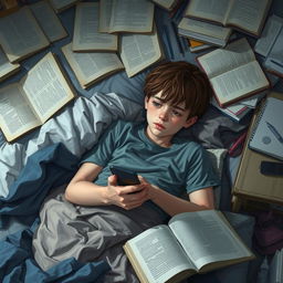 A scene depicting a sad boy lying on his unmade bed, surrounded by a cluttered room