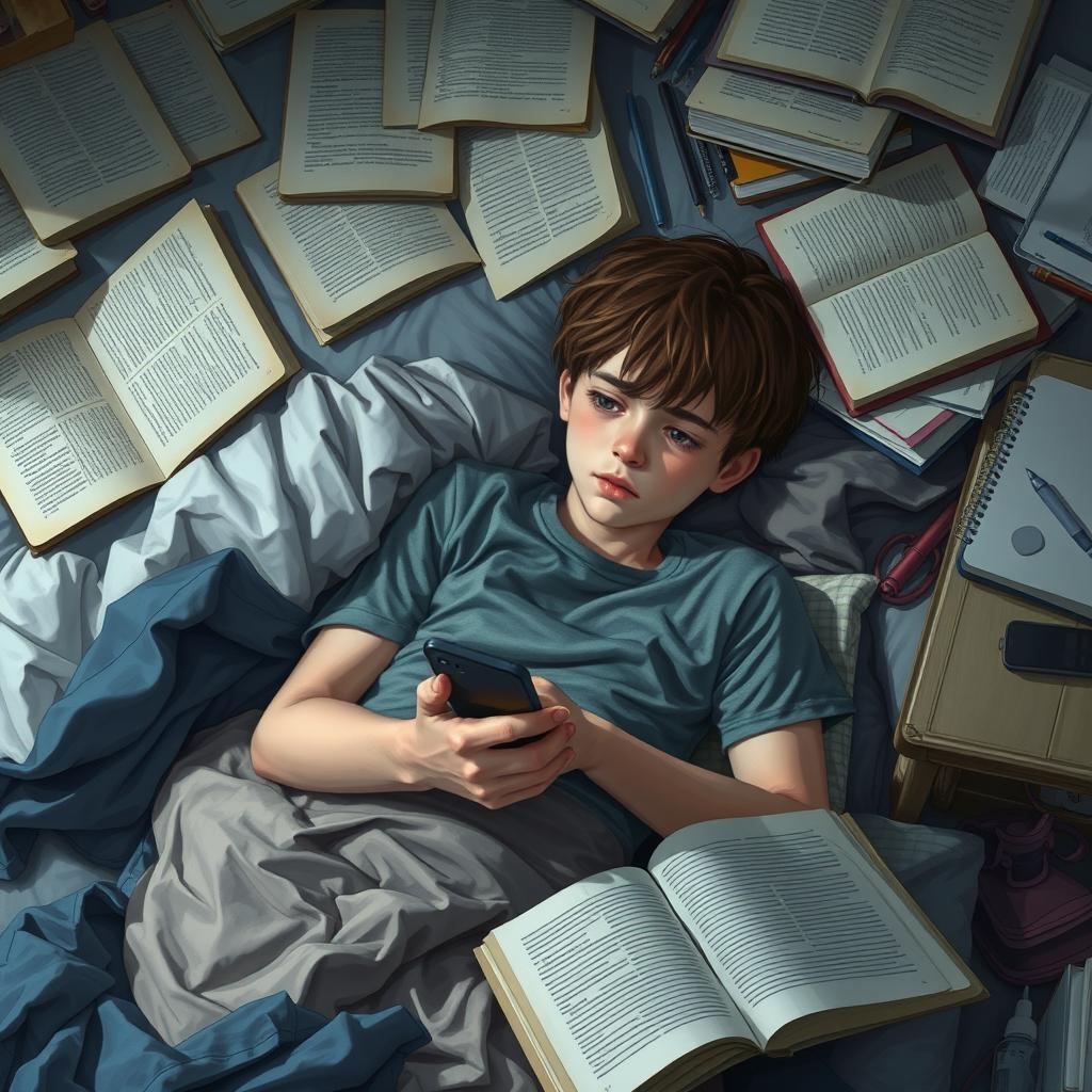 A scene depicting a sad boy lying on his unmade bed, surrounded by a cluttered room
