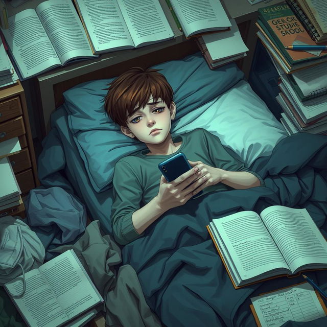 A scene depicting a sad boy lying on his unmade bed, surrounded by a cluttered room