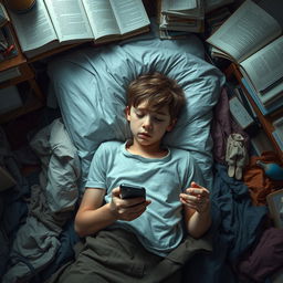 A scene depicting a sad boy lying on his unmade bed, surrounded by a cluttered room