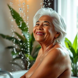 A 65-year-old Indonesian woman with BBW body type, white hair, and brown skin, enjoying a refreshing shower
