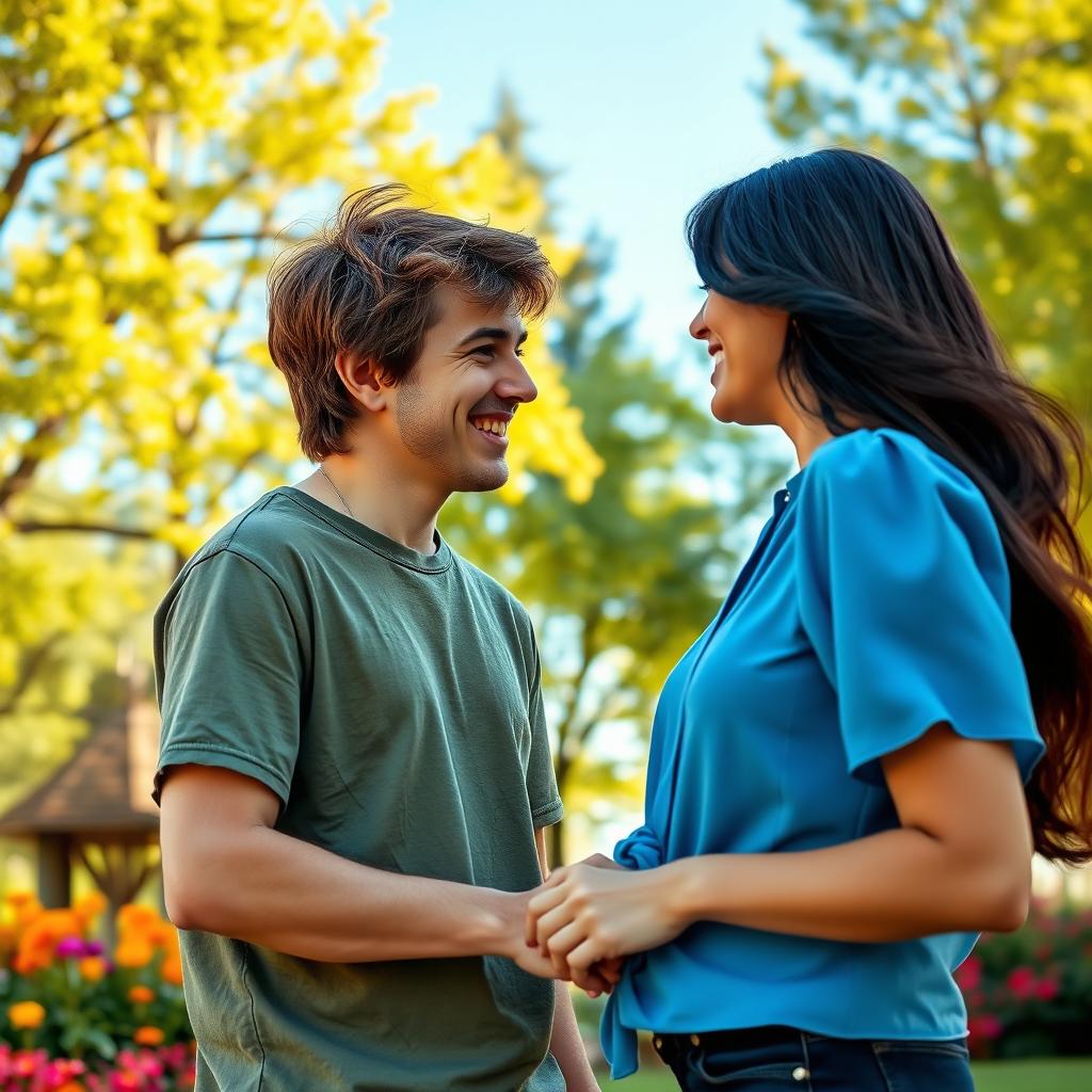 A warm and inviting scene depicting two friends meeting side by side in a sunny park